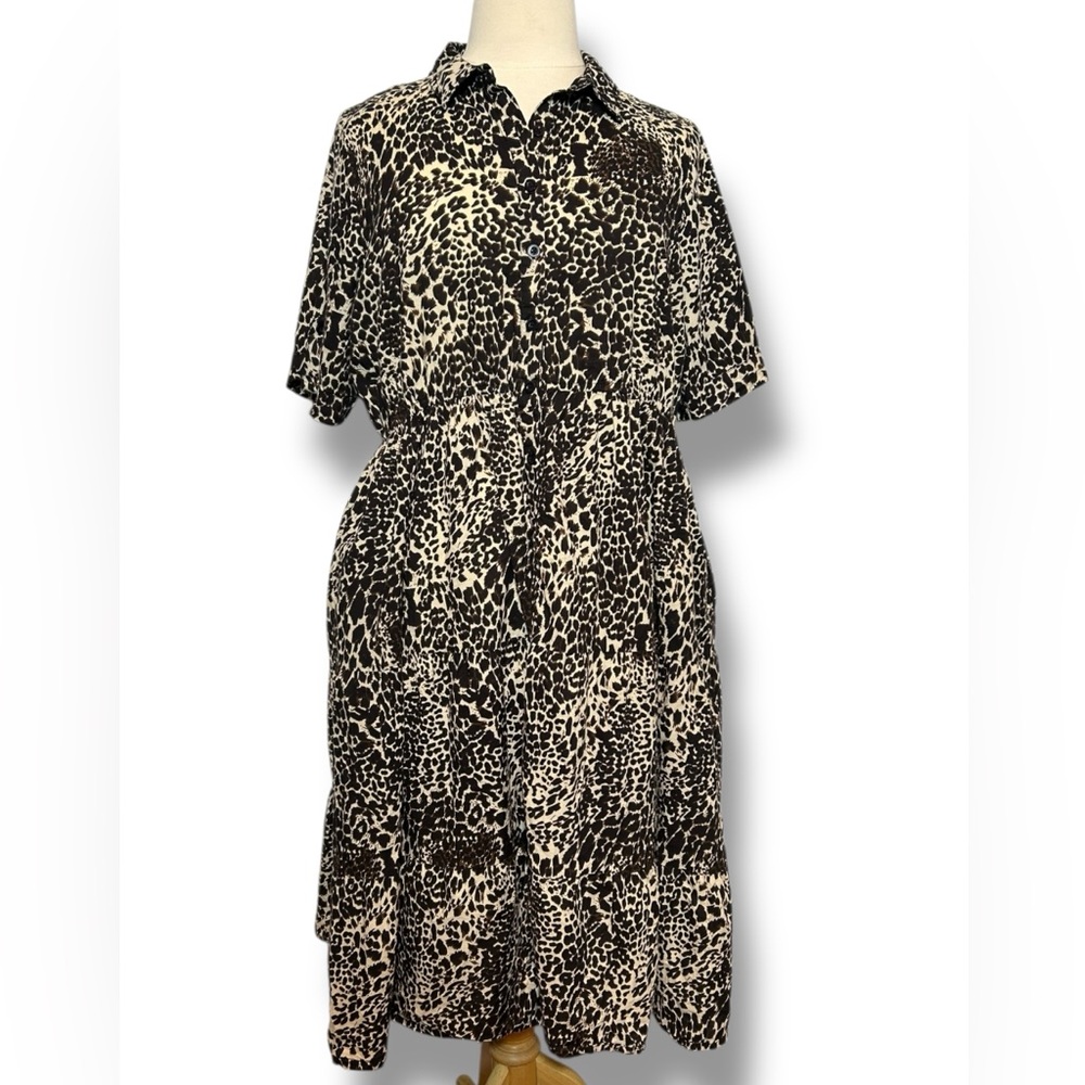 Kaktus‎ Dress Leopard Print Brown Black Shirt Button Midi Size 2X